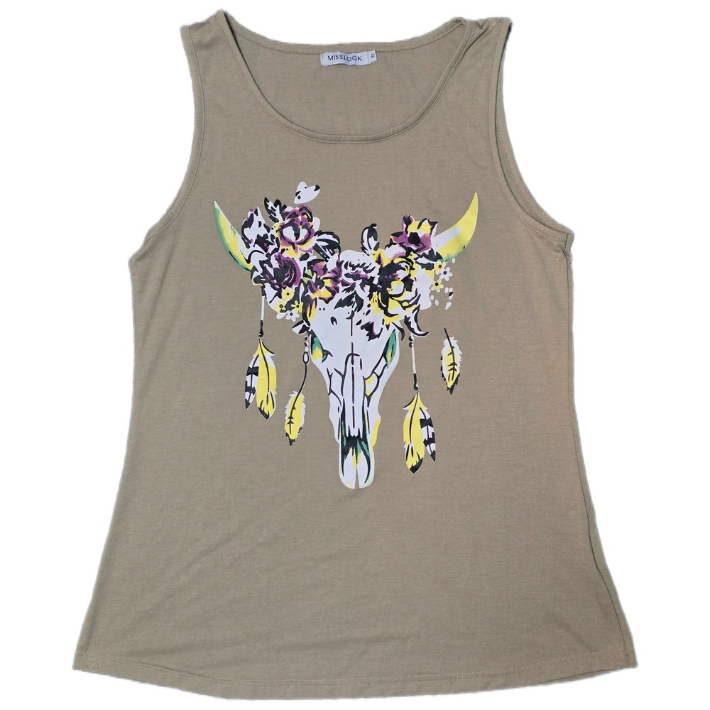 Misslook Graphic Tank Top Women XL Tan Bull Skull‎ Floral Boho Sleeveless